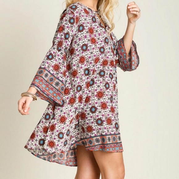 Umgee mandala print keyhole bell sleeve mini dress - Picture 8 of 9
